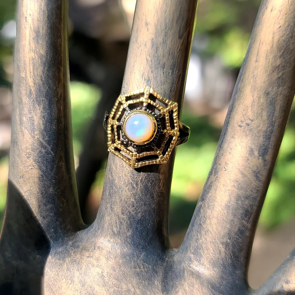 Fire Opal web 🕸 sterling rhodium & gold ring sz7.5 - Picture 5 of 5